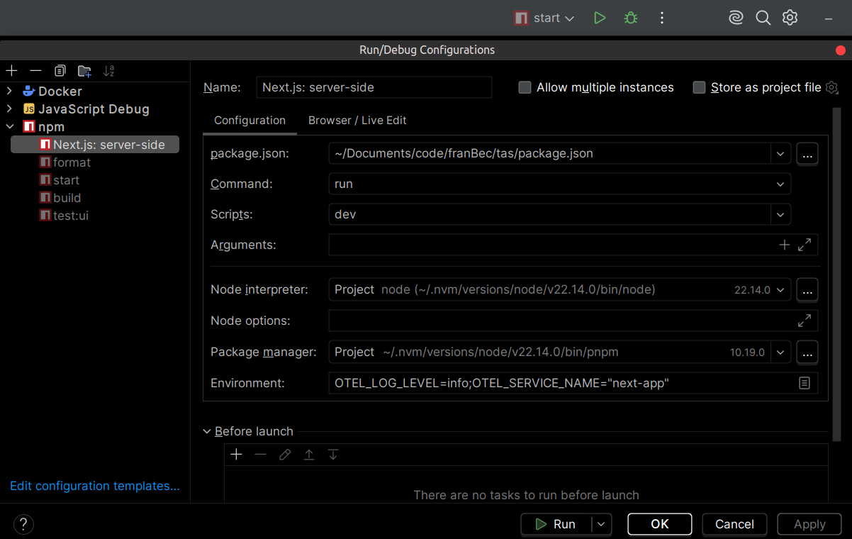 Run Debug configuration options