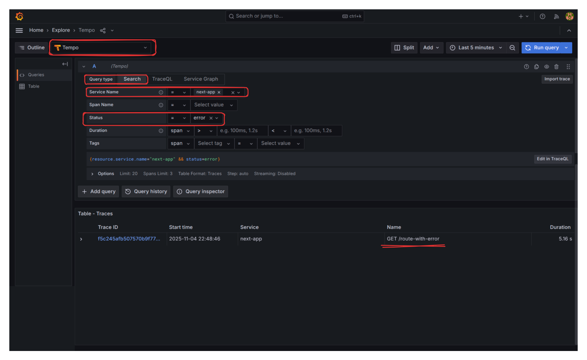 Trace Explorer filtered