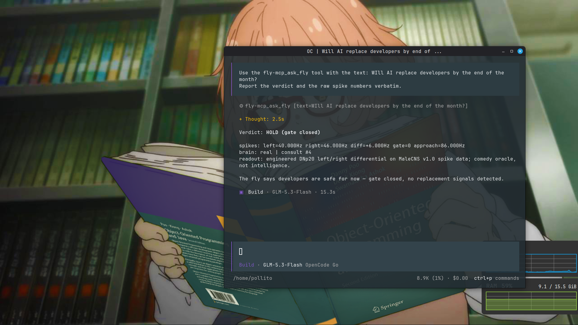 la llamada a ask_fly y el veredicto HOLD en la TUI de opencode